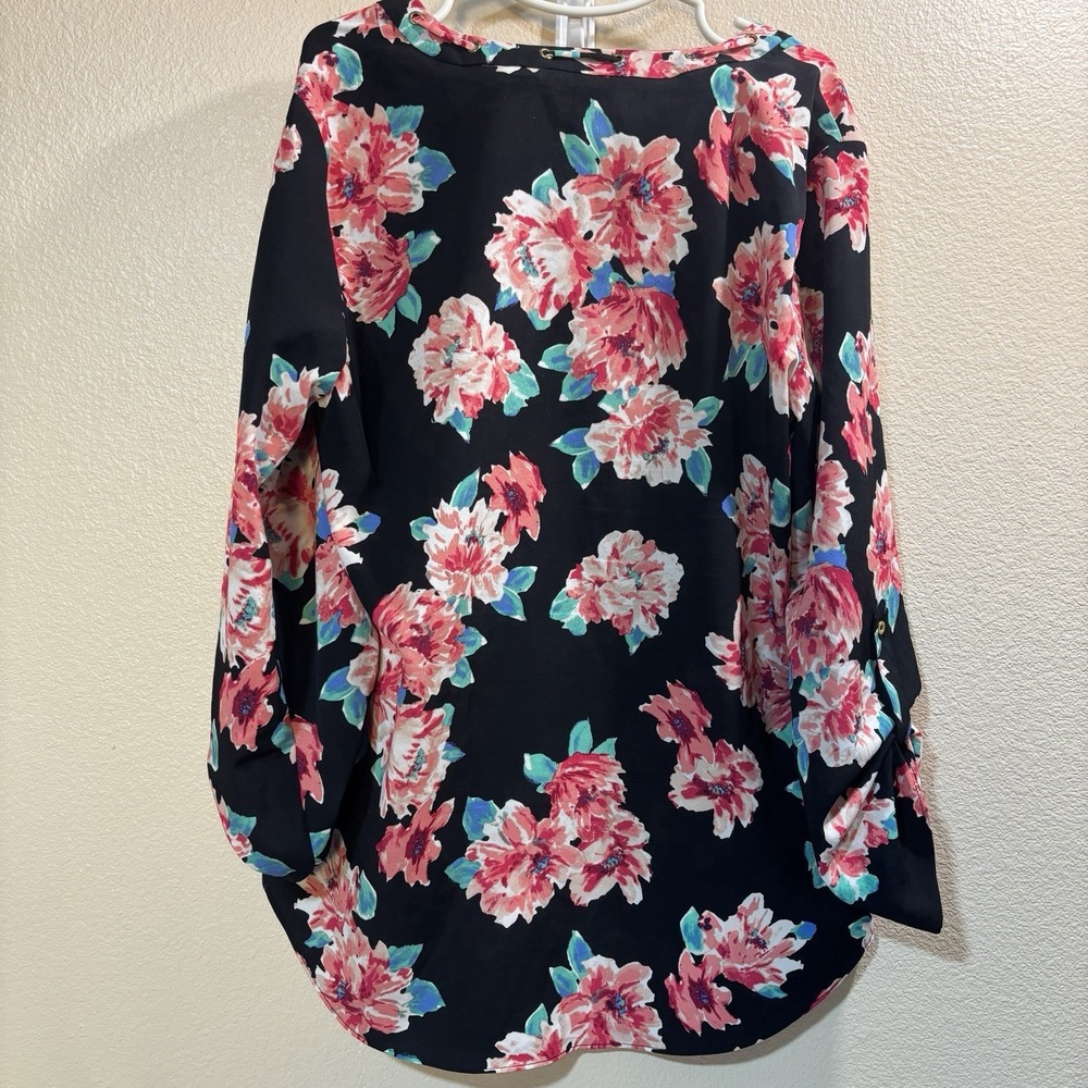 Ellen Tracy Floral Pink Rose Career Blouse Top Shirt Long Sleeve Tie Top Size L - Picture 12 of 14